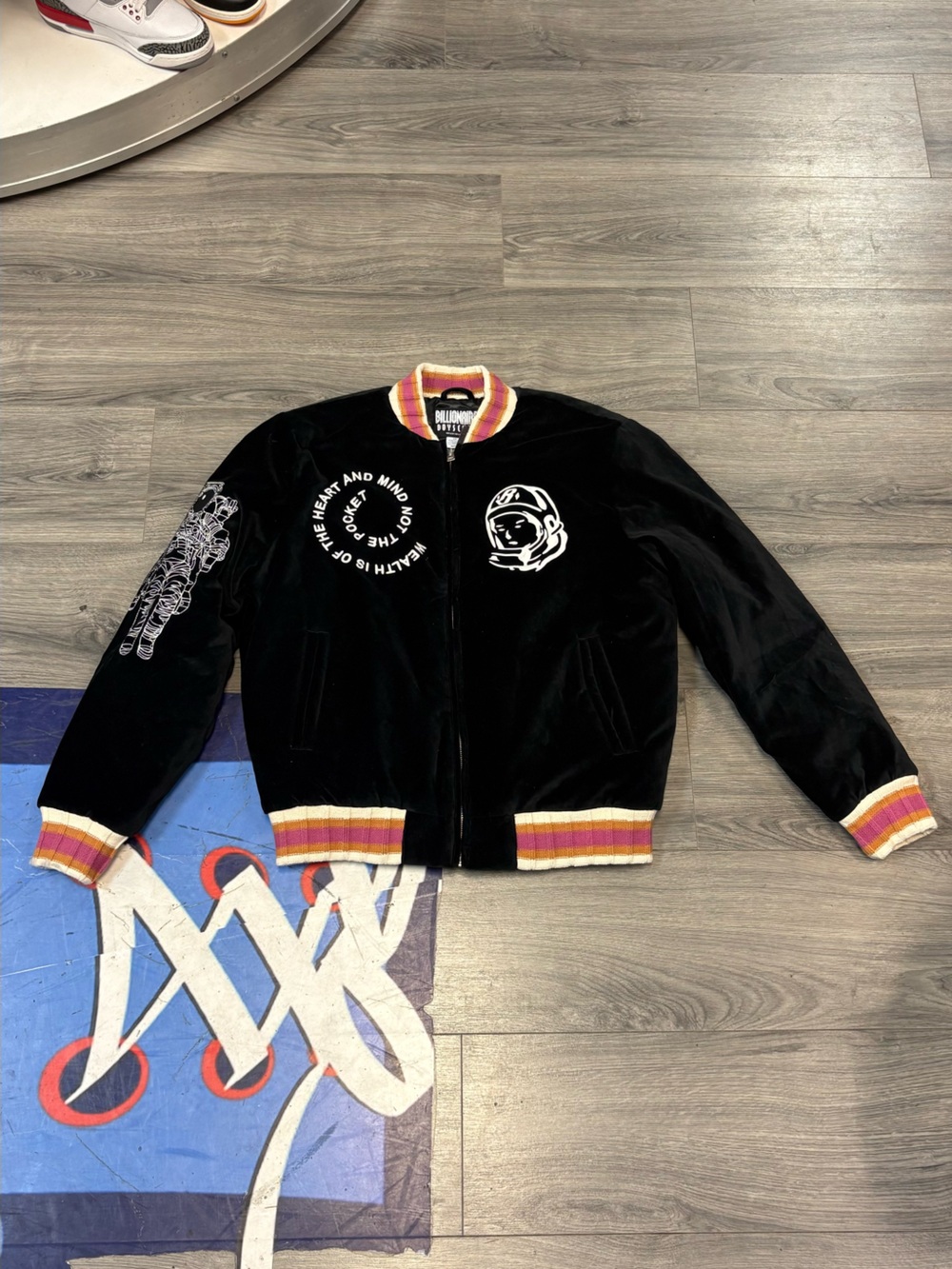 Billionaire Boys Club Black Velvet Astronaut Varsity Jacket with Multicolor Trim